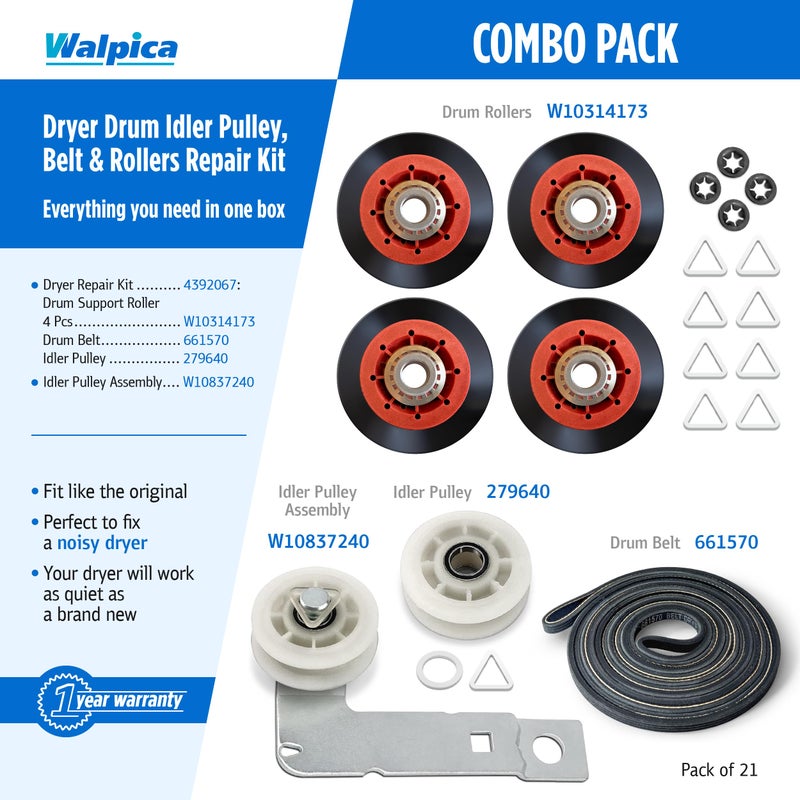 Walpica W10837240 4392067 Dryer Repair Kit Belt Idler Pulley 3387610 279640 661570V 80047 Drum Roller Bearing for Whirlpool Cabrio Duet Maytag Bravos XL Kenmore Elite Model 110 Series Dryer Replacement Parts - Image 2